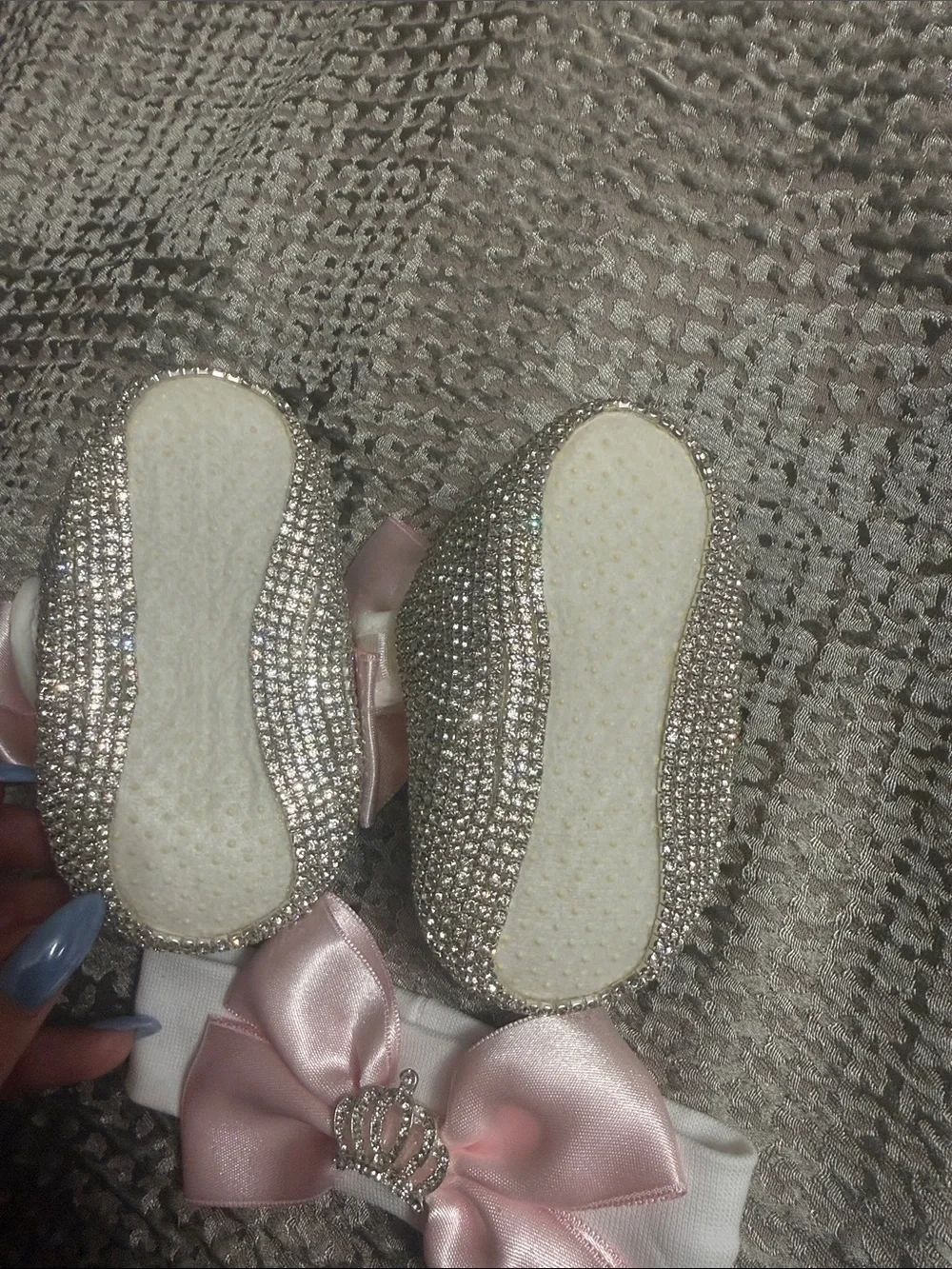 Baby Girls Pink Bow and Rhinestone Crib Shoes with Matching Headband